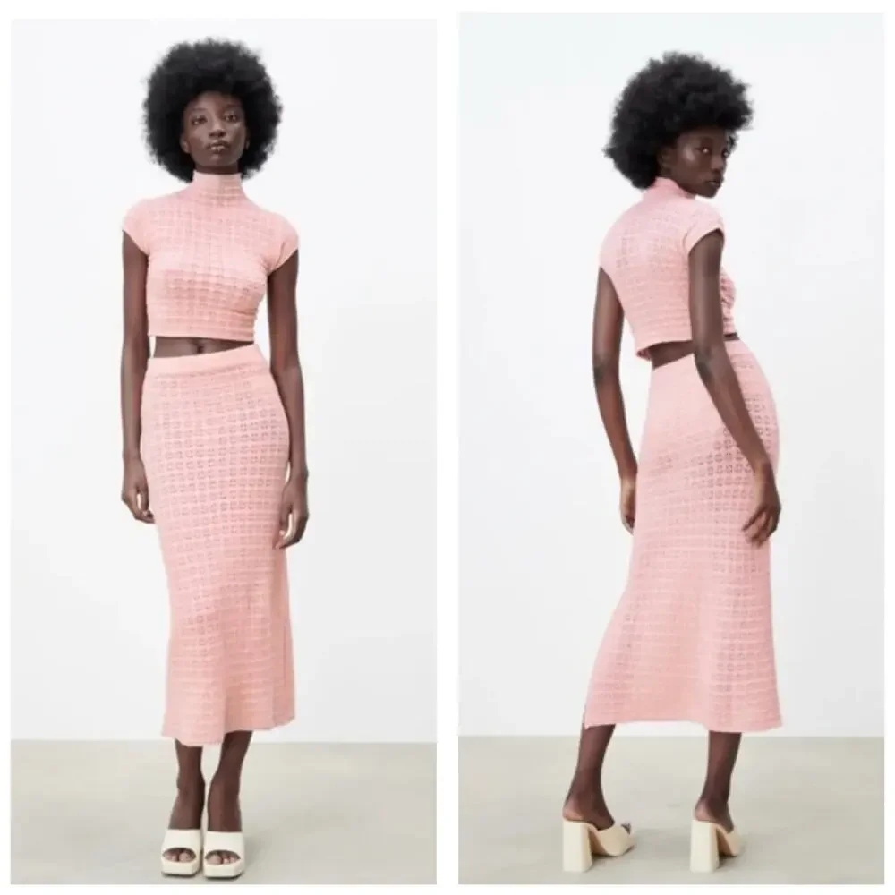 Zara Pointelle Knit Light Pink Midi Skirt Size Small Bodycon 5536/009 Girly